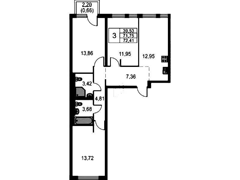 3-комнатная квартира 72.41 м², 4/15 эт., ЖК «Невская Долина»